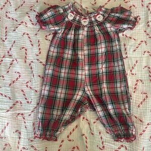 Marie Nicole Plaid Baby Romper with Santa Embroidered Details
